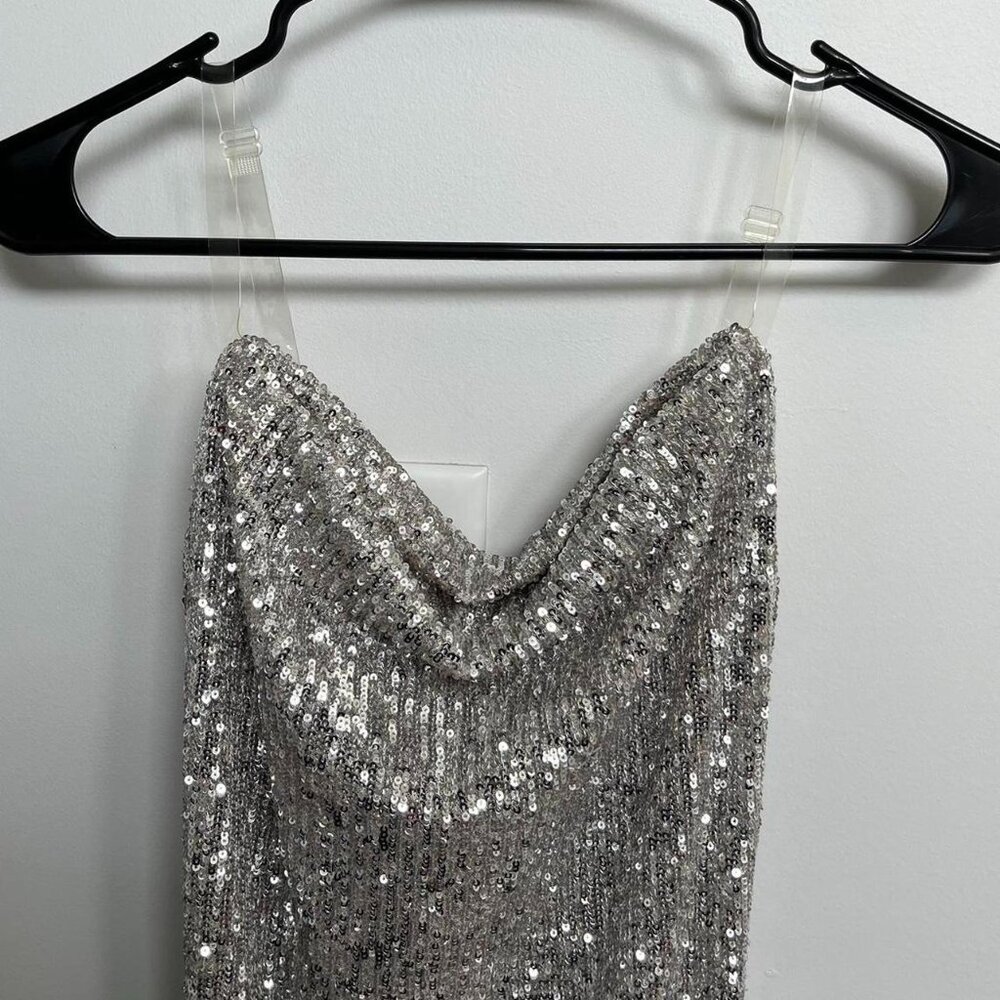 NWT Bebe silver cowl sequin mini dress!
